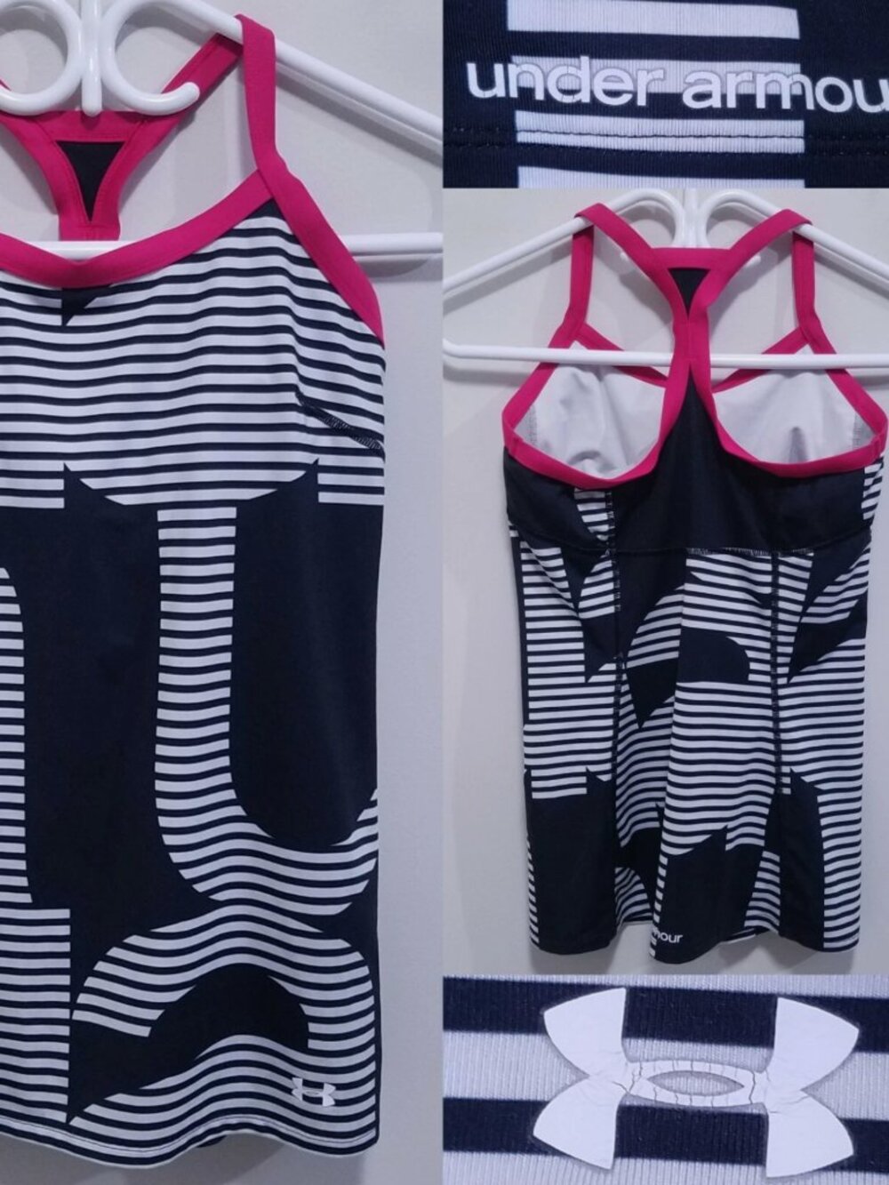 Under Armour Tank Top Size 6 Small White Black Striped Shirt Run Magenta Pink